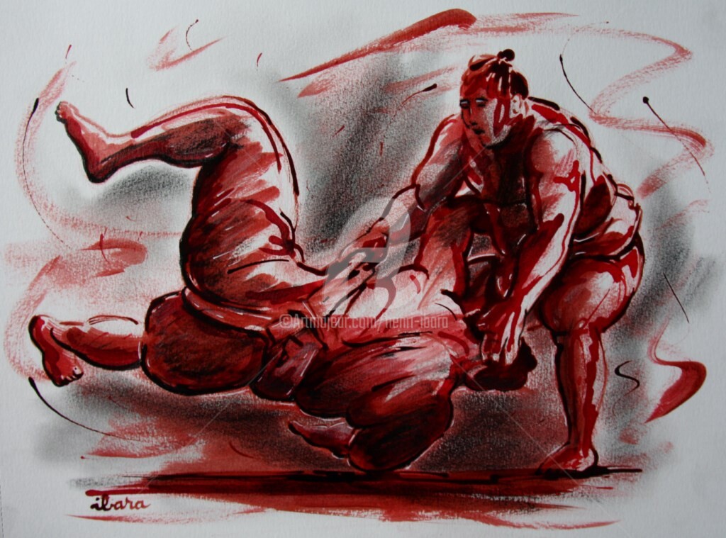 Henri Ibara - lutteurs-de-sumo-dessin-encre-sanguine-et-crayon-noir-d-ibara-sur-papier-aquarelle-300gr-format-30cm-sur-42cm.jpg