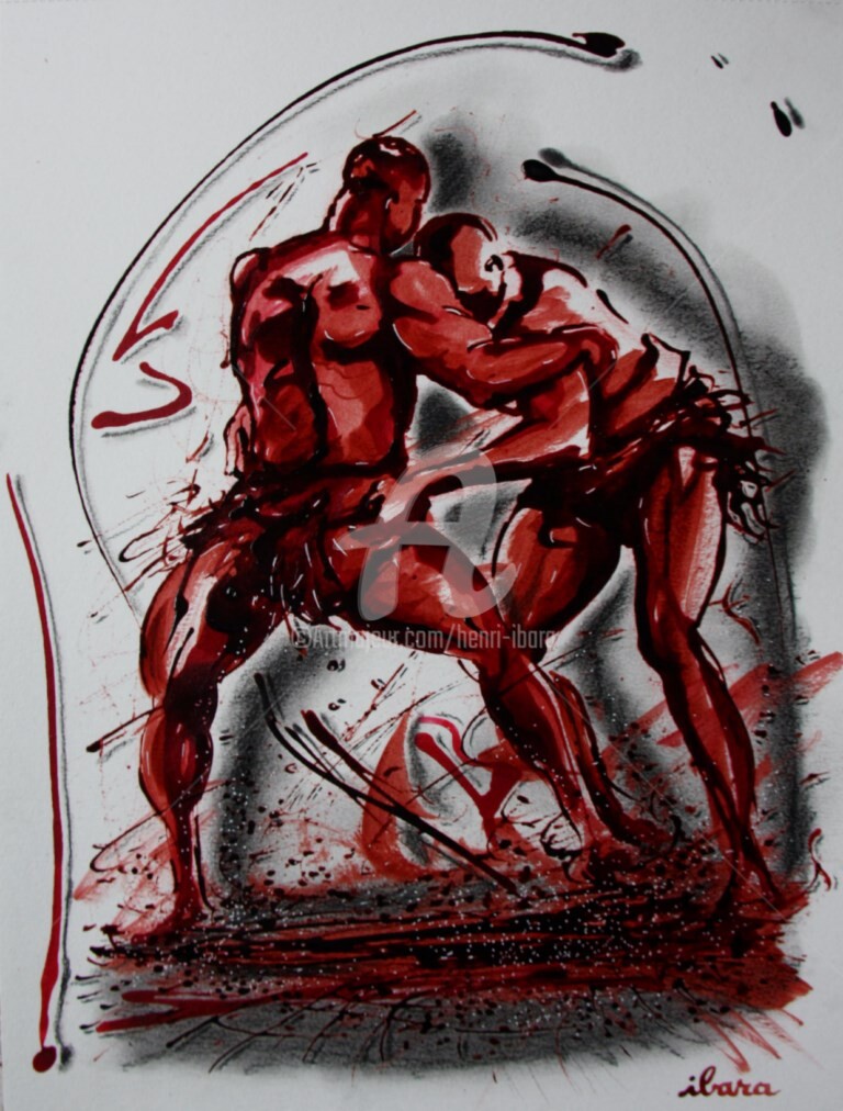 Henri Ibara - lutteurs-senegalais-n-2-dessin-encre-sanguine-et-crayon-noir-d-ibara-sur-papier-aquarelle-300gr-format-30cm-sur-42cm.jpg