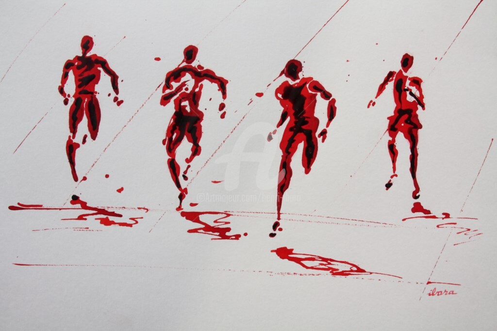 Henri Ibara - arrivee-100m-dessin-d-ibara-a-l-encre-rouge-sur-papier-aquarelle-300gr-format-30cm-sur-42cm.jpg