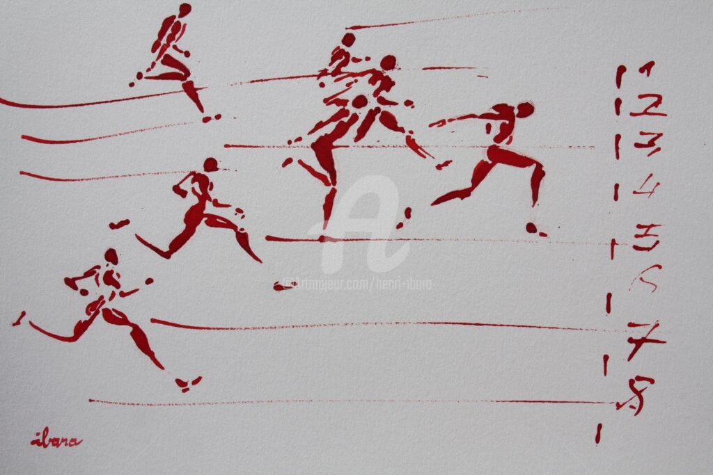 Henri Ibara - arrivee-100m-n-2-dessin-d-ibara-a-l-encre-rouge-sur-papier-aquarelle-300gr-format-30cm-sur-42cm.jpg
