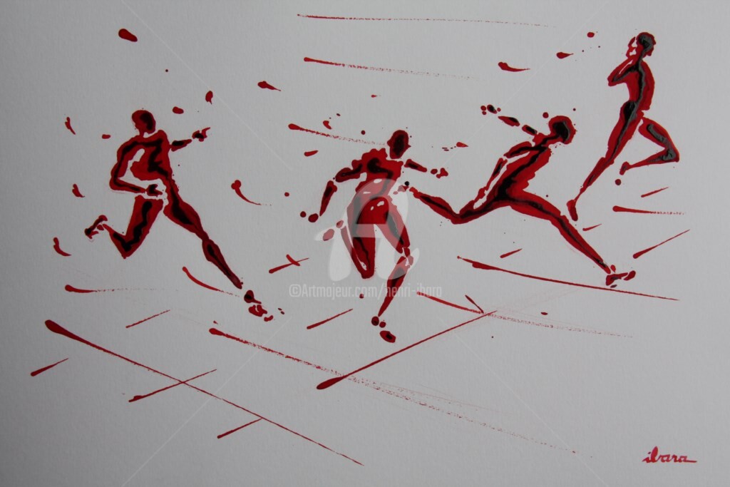 Henri Ibara - arrivee-100m-n-4-dessin-d-ibara-a-l-encre-rouge-sur-papier-aquarelle-300gr-format-30cm-sur-42cm.jpg
