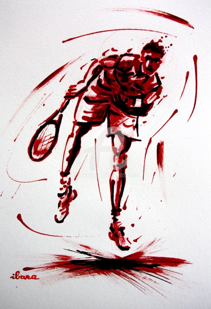 Henri Ibara - tennis-n-14-dessin-d-ibara-a-l-encre-rouge-et-sanguine-sur-papier-aquarelle-300gr-format-30cm-sur-42