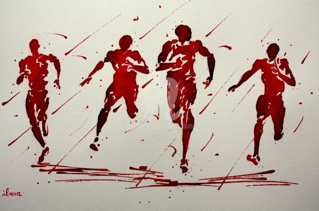Henri Ibara - arrivee-100m-rio-2016-dessin-d-ibara-a-l-encre-rouge-sur-papier-aquarelle-300gr-format-30cm-sur-42cm-encadre.jpg