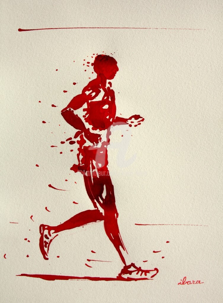 Henri Ibara - 50kms-marche-dessin-d-ibara-a-l-encre-rouge-sur-papier-aquarelle-300gr-format-30cm-sur-42cm-encadre.jpg