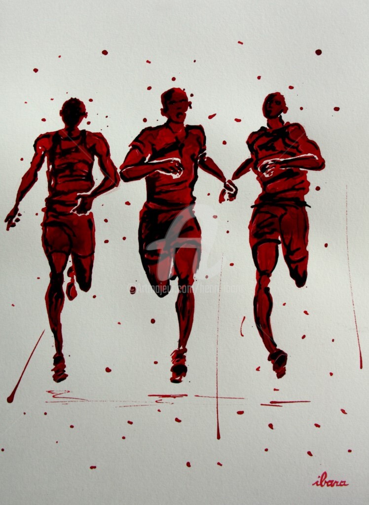 Henri Ibara - arrivee-800m-dessin-d-ibara-a-l-encre-rouge-et-sanguine-sur-papier-aquarelle-300gr-format-30cm-sur-42cm-encadre.jpg
