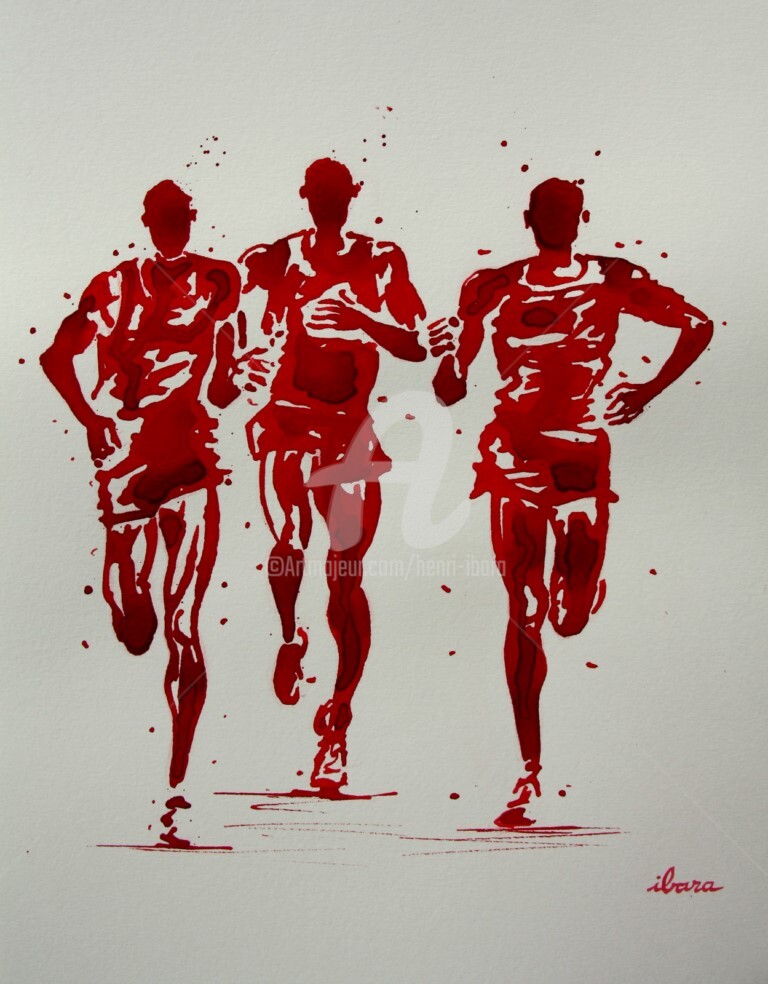 Henri Ibara - course-sur-route-dessin-d-ibara-a-l-encre-rouge-et-sanguine-sur-papier-aquarelle-300gr-format-30cm-sur-42cm-encadre.jpg